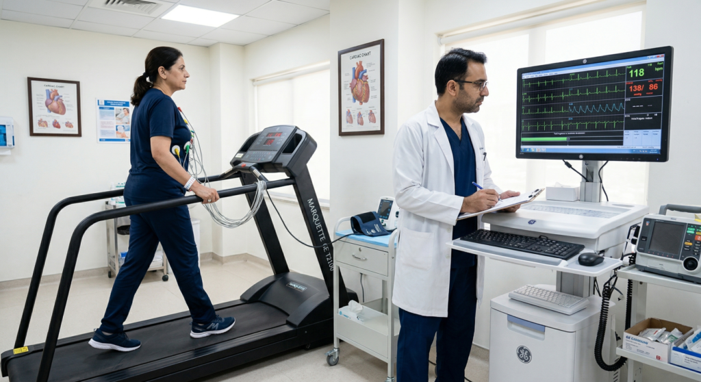 A patient undergoing a medical cardiac stress test on a treadmill.