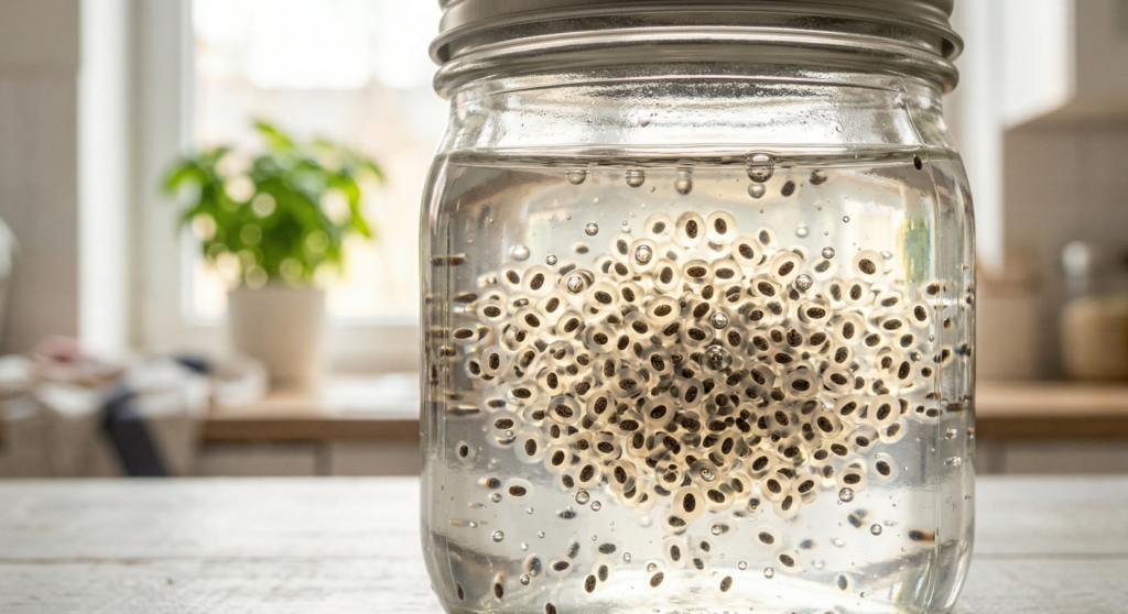 Chia seeds soaking in water to form a thick, healthy gel.