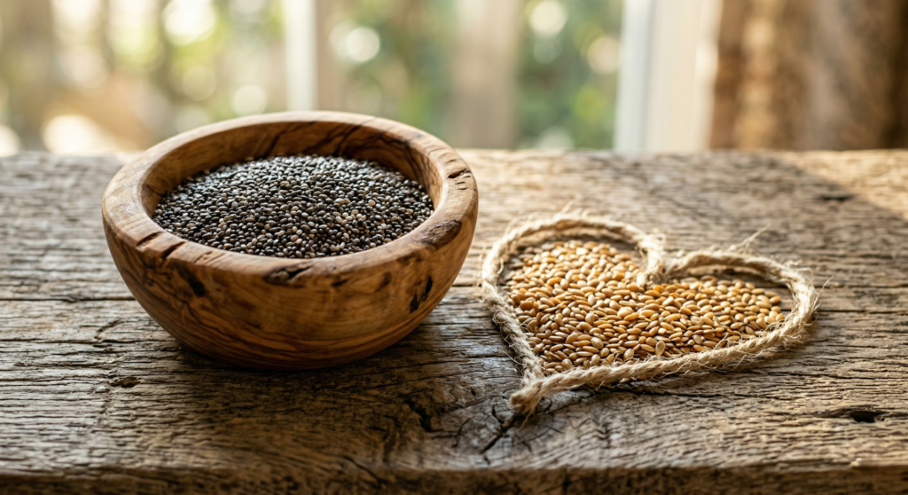 Chia seeds in a bowl representing heart health and omega-3 fatty acids.