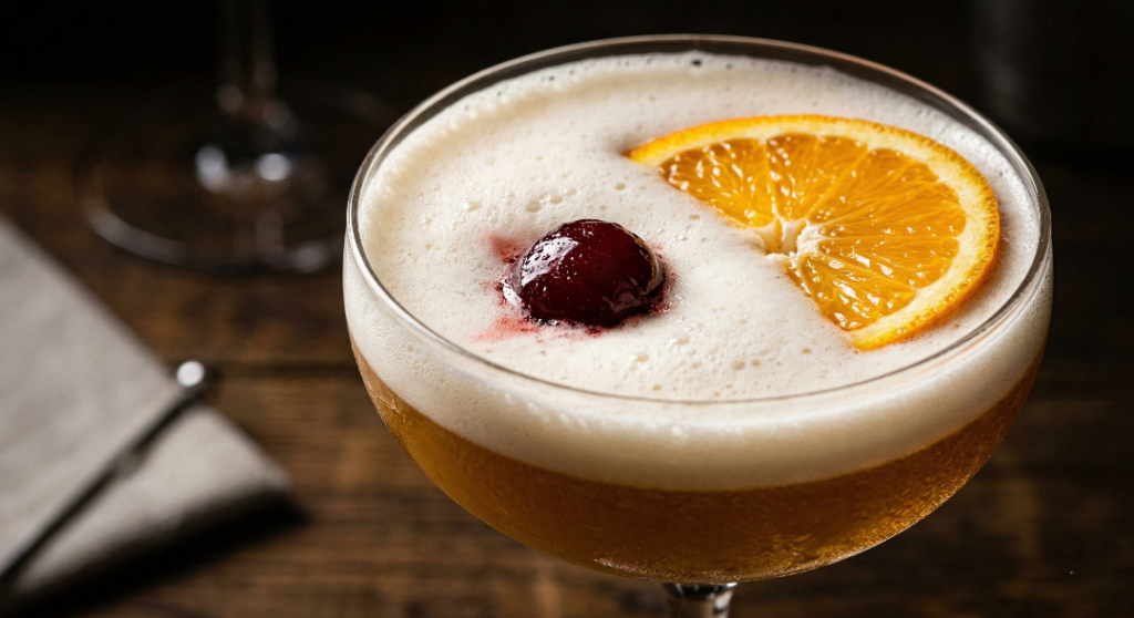 A frothy classic Amaretto Sour cocktail in a rocks glass garnished with an orange slice and maraschino cherry.