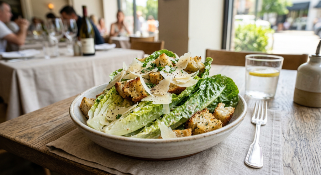 Classic Caesar salad featuring crisp romaine lettuce, croutons, and traditional anchovy dressing.
