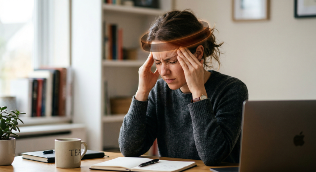 A woman experiencing a stress headache while working at her computer.
