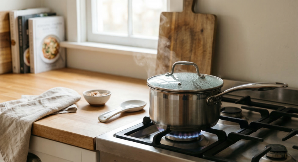Sushi rice cooking in a covered saucepan on the stovetop