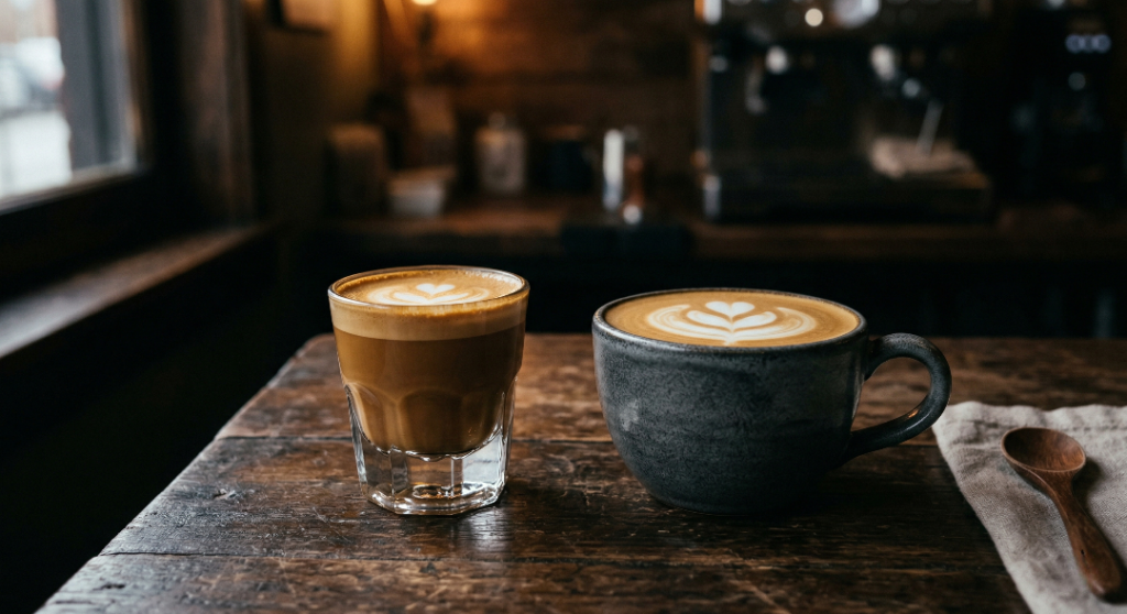 Comparison of a 4oz Spanish cortado in a glass and a 6oz Australian flat white in a ceramic cup.
