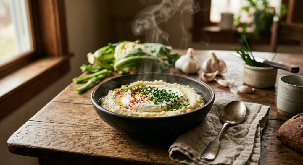 Low-carb mashed cauliflower with chives.