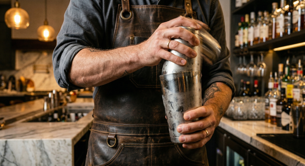 Bartender hands vigorously shaking a cocktail shaker without ice to froth the egg white.