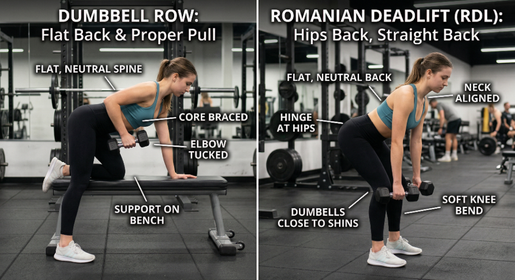 Beginner performing dumbbell row and Romanian deadlift exercises with proper form