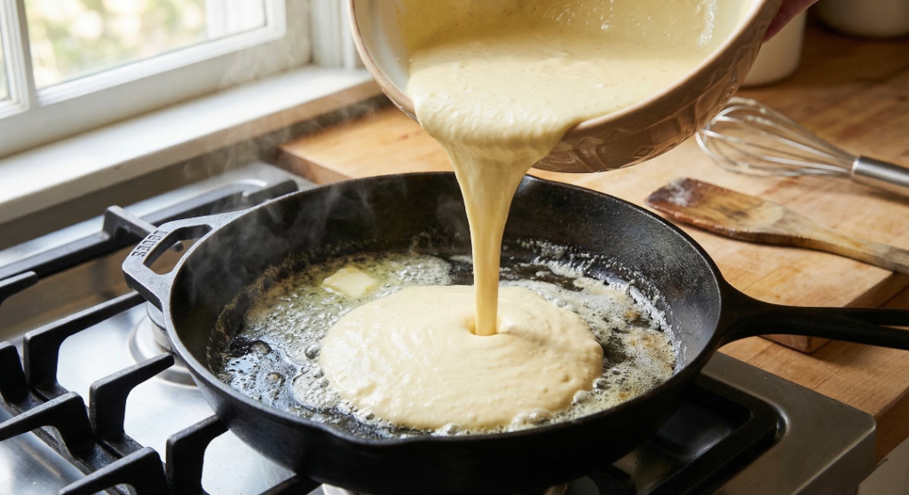 Dutch baby pancake batter being poured into a hot skillet