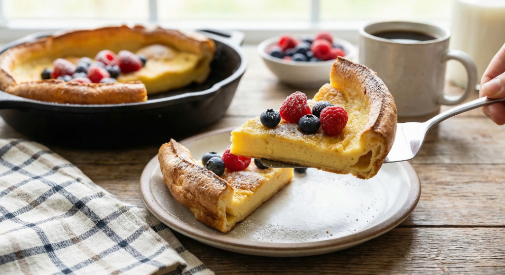 Slice of Dutch baby pancake served on a plate with berries