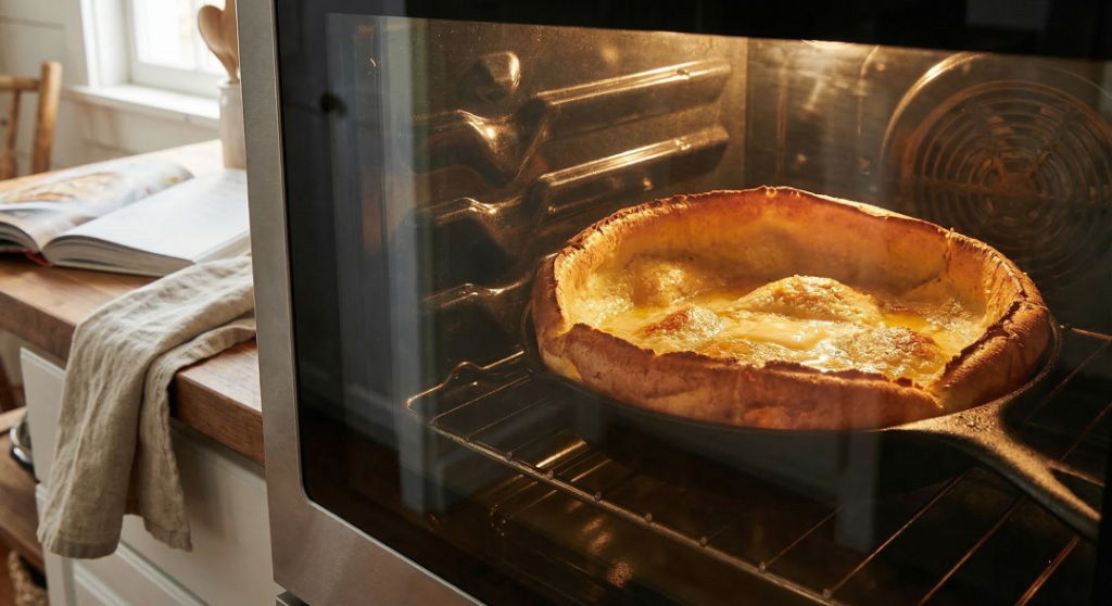 Dutch baby recipe rising in the oven in a cast iron skillet