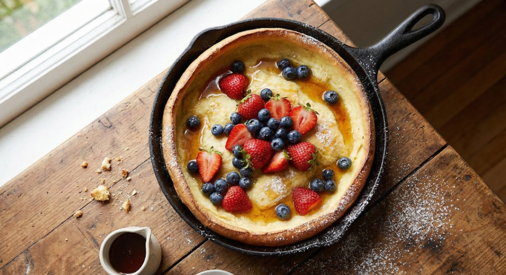 Overhead view of easy Dutch baby recipe with fruit toppings