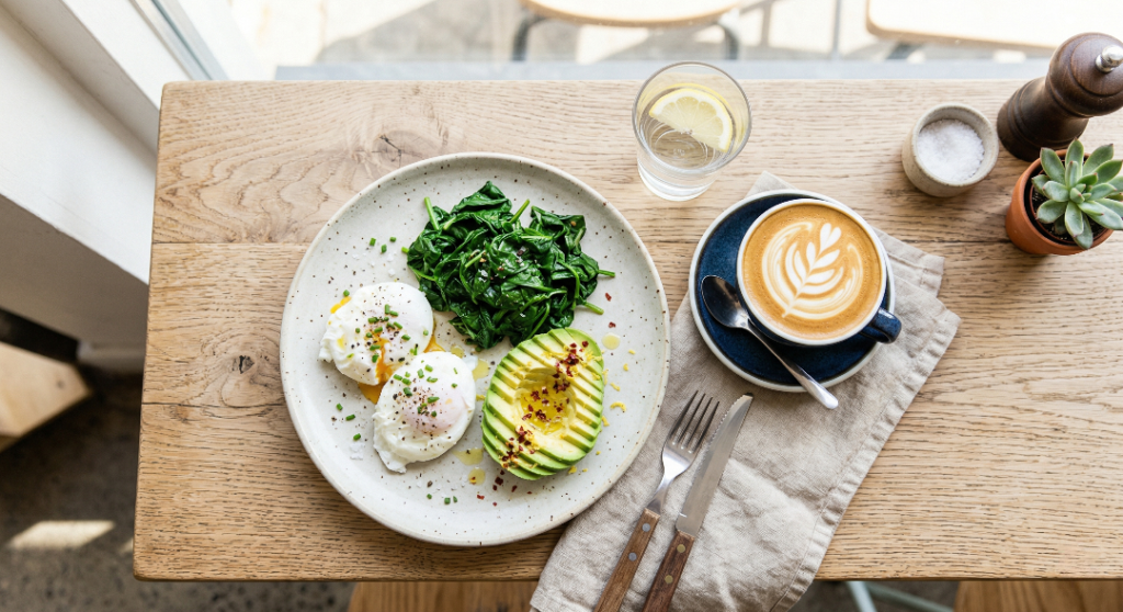 An oat milk flat white served next to a high-protein healthy breakfast of avocado and eggs.