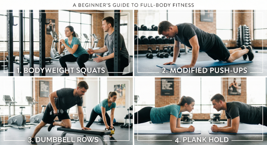 Beginner man and woman performing a full body workout routine in a modern gym