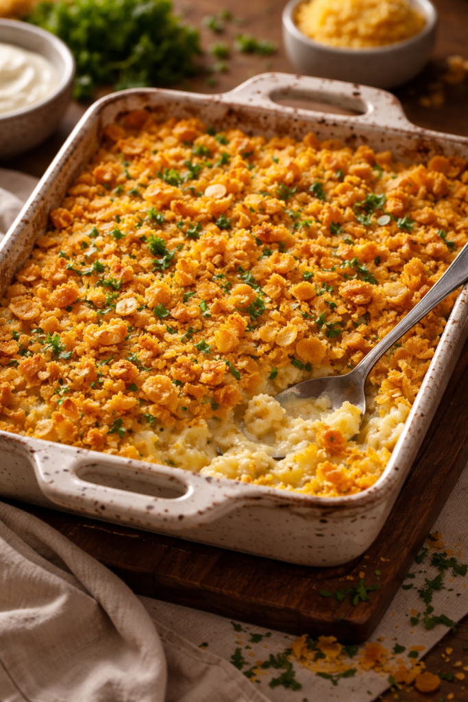 Funeral potatoes in a baking dish with melted cheese and a crispy golden topping