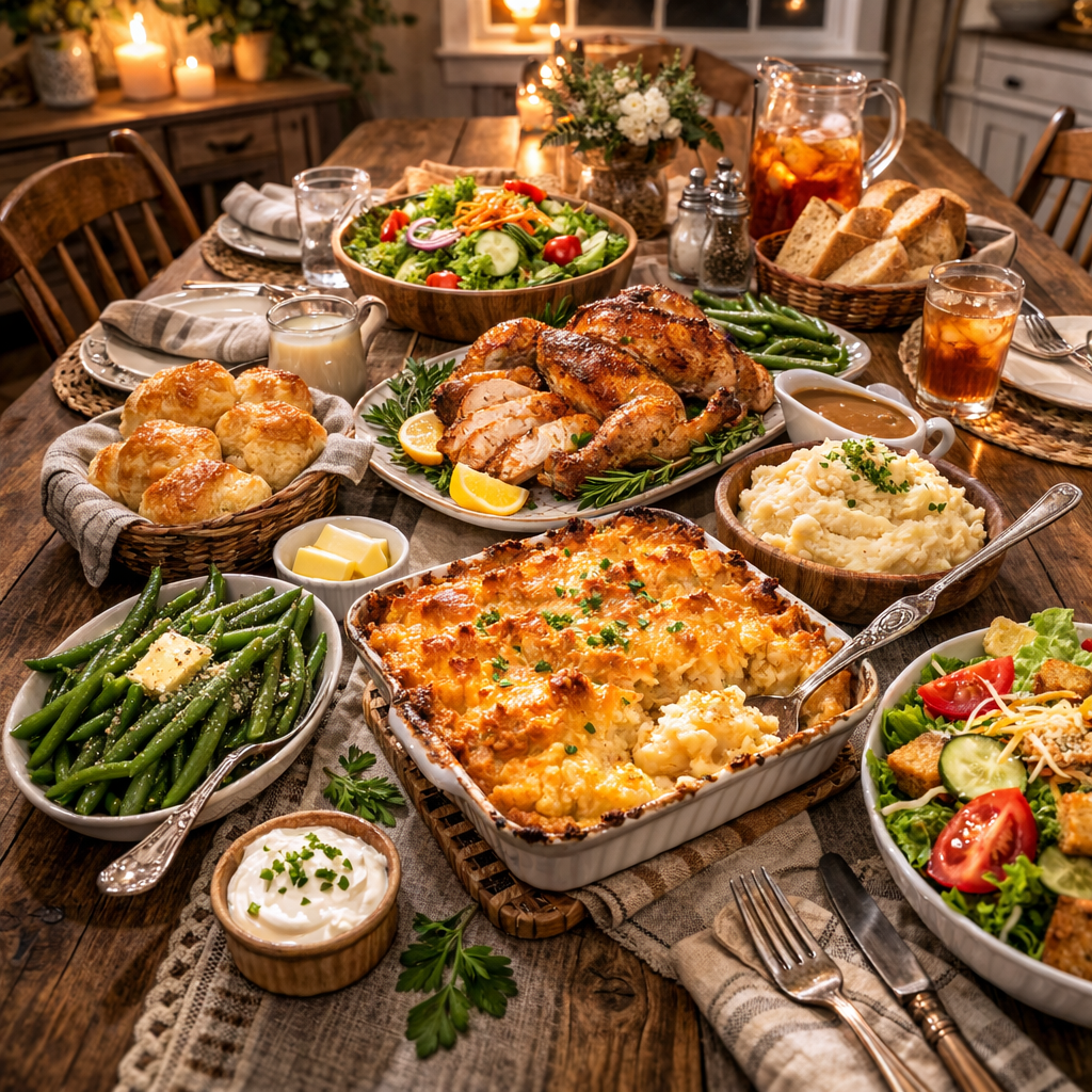 Funeral potatoes served as a side dish with roast chicken and vegetables