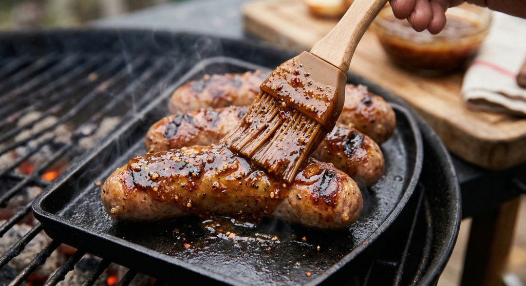 A silicone brush coating raw cocktail sausages with a thick honey and whole grain mustard glaze. Mini toad in the holes