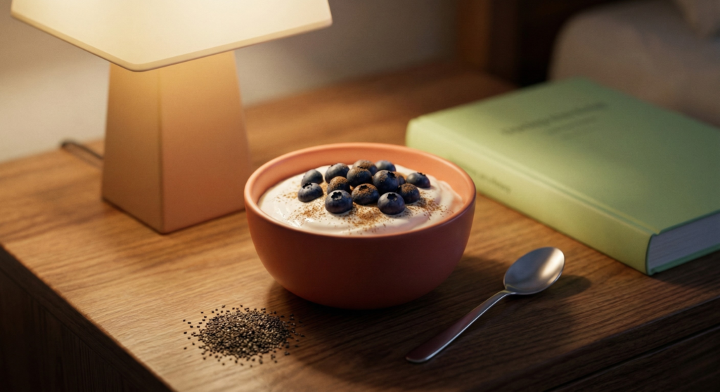 Bowl of Greek yogurt with blueberries and cinnamon as a high-protein late-night snack.
