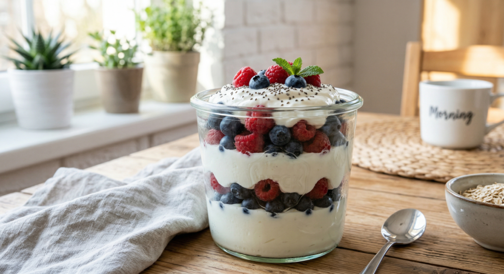 Creamy Greek yogurt topped with blueberries and raspberries in a glass jar, a healthy snack to Lose weight without exercise.
