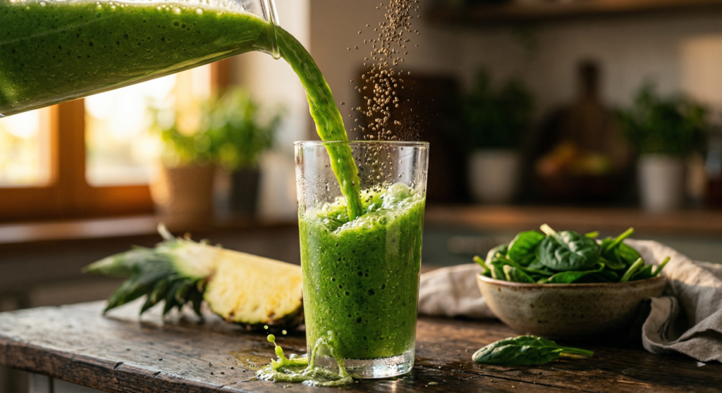 Sprinkling chia seeds onto a fresh green smoothie for added nutrition.