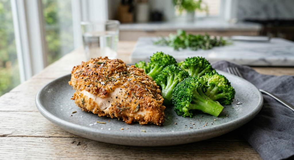 Crispy air-fried chicken breast with green vegetables.