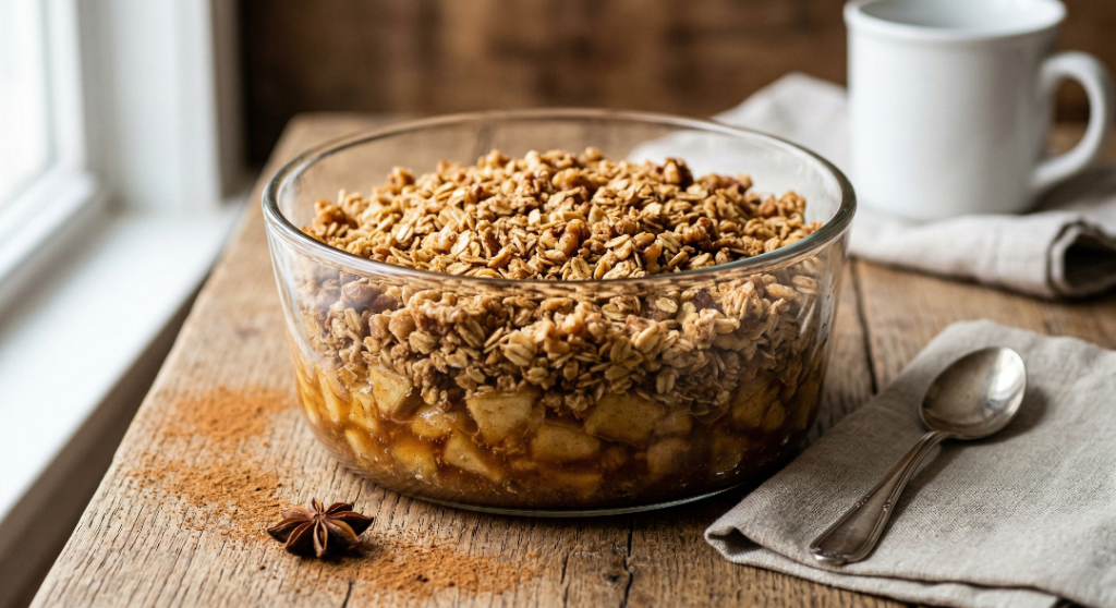 Healthy apple crumble dessert with cinnamon.