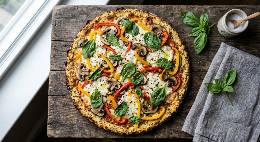Thin crust vegetable pizza with healthy toppings.