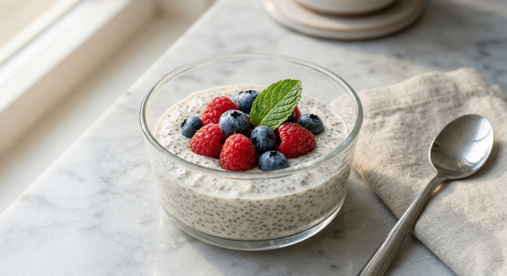 Creamy chia seed pudding topped with fresh berries in a glass bowl.