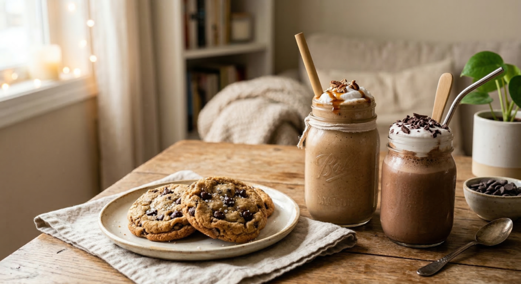 Sweet vegan snacks including cookies, smoothie, and vegan milkshake