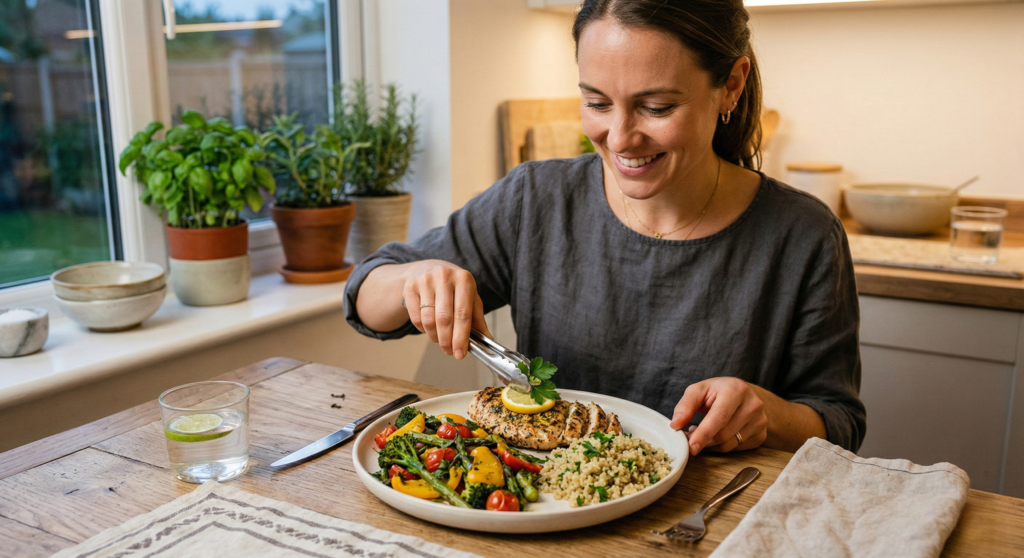 Two honey mustard mini toad-in-the-holes served on a white plate alongside steamed broccoli, carrots, and a light onion gravy.