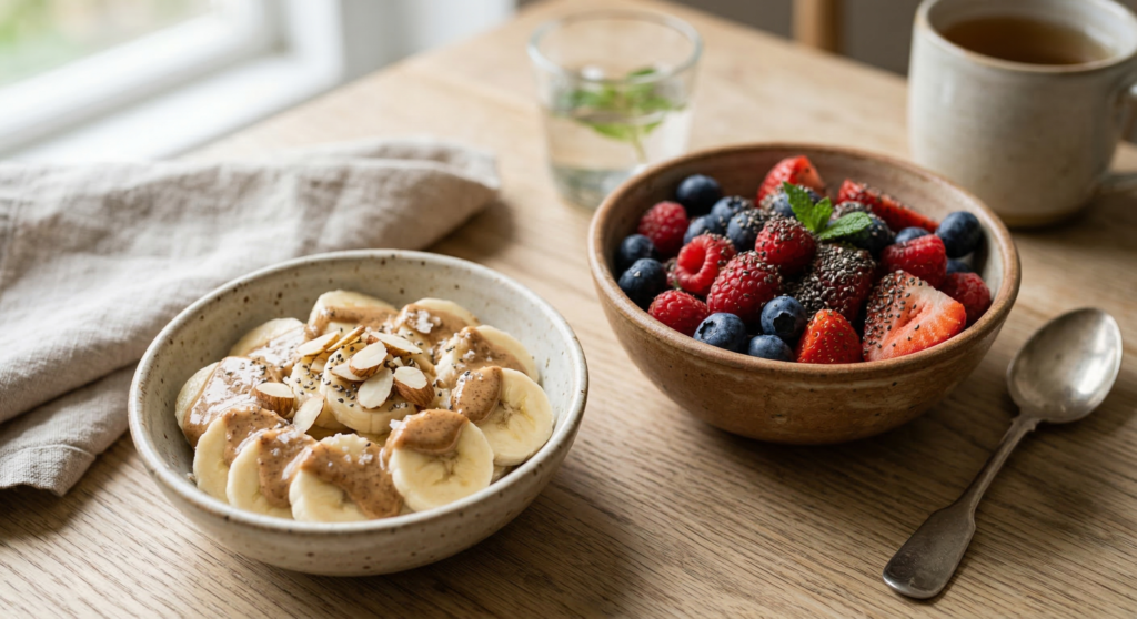 Banana slices with almond butter and berries with chia seeds as healthy vegan snacks