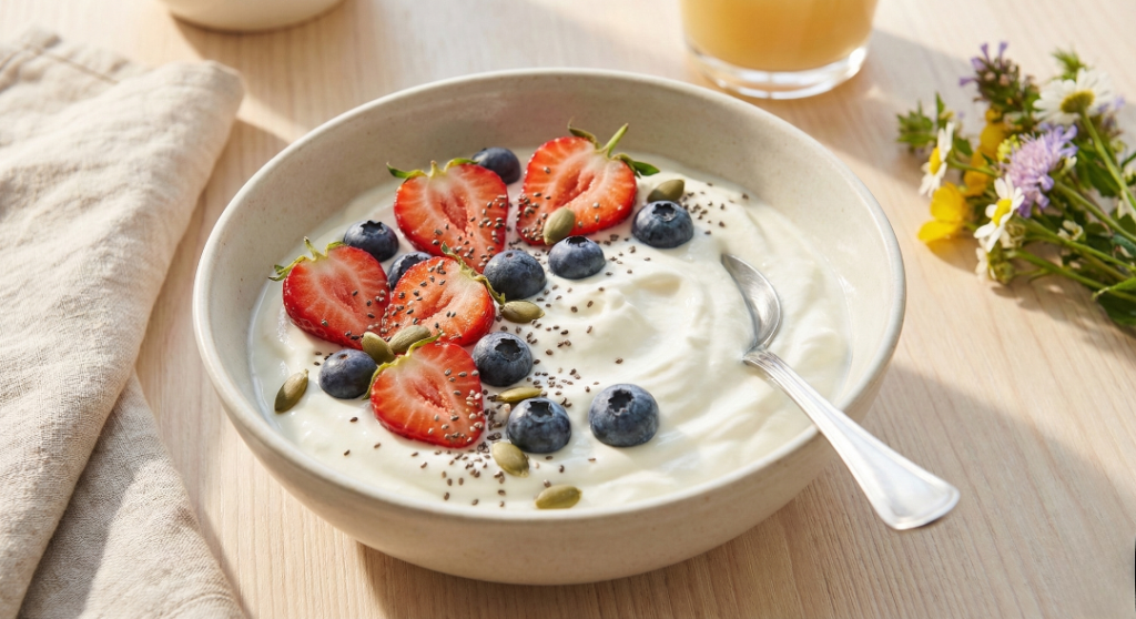 Greek yogurt bowl with berries and seeds, one of the best high protein foods for gut health