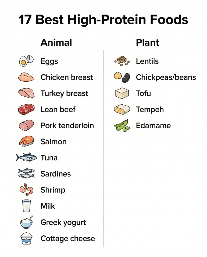 Infographic of the 17 best high-protein foods, including animal and plant-based protein sources.