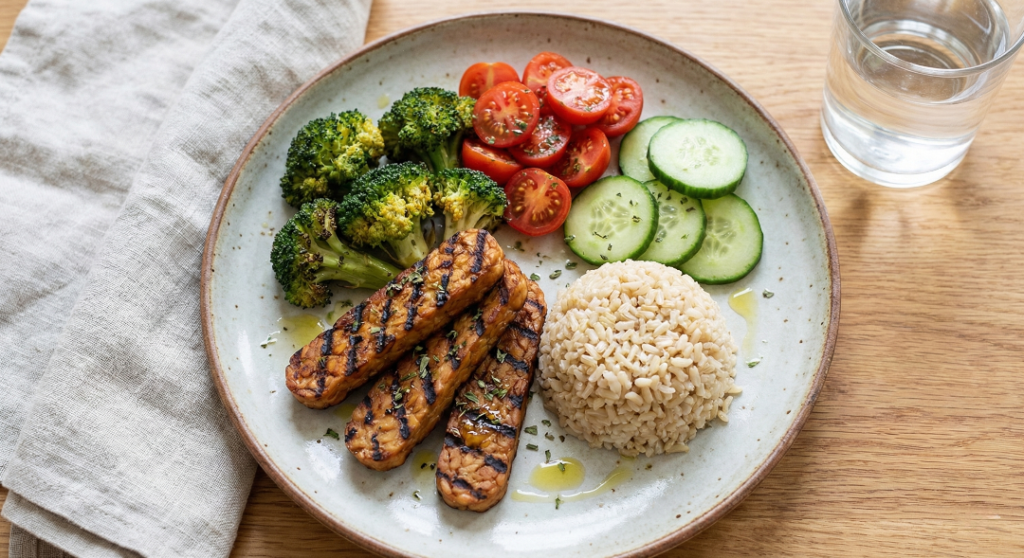 Grilled tempeh meal with vegetables and rice showing high protein foods for gut health