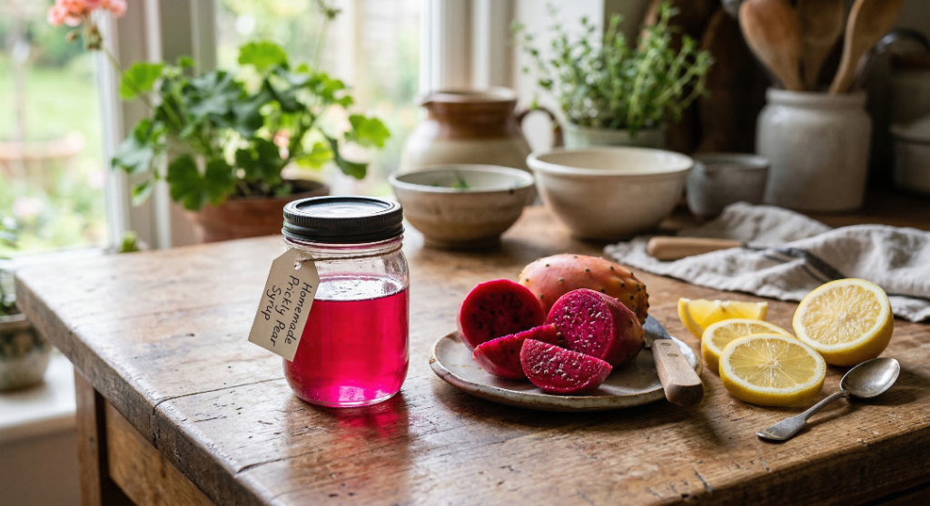 Homemade prickly pear syrup in a glass jar with fresh fruit