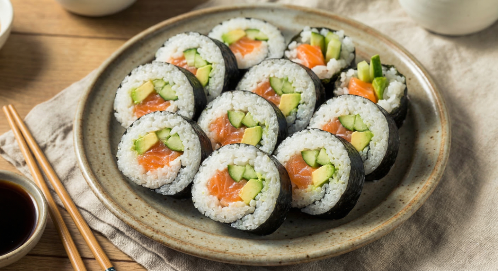 Homemade sushi rolls made with seasoned sushi rice, nori, cucumber, and avocado
