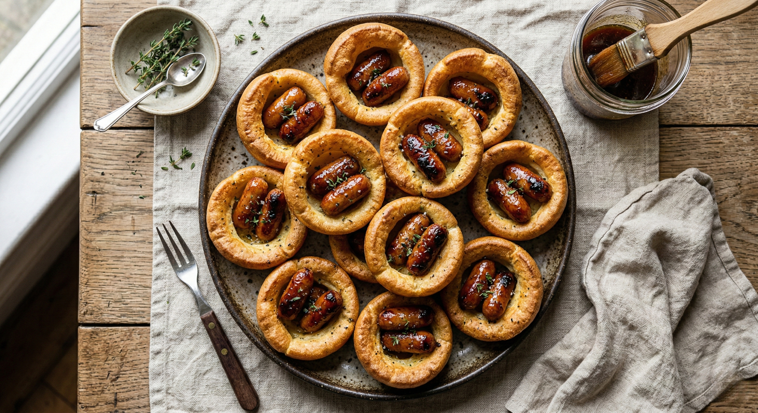 A rustic wooden board displaying freshly baked honey mustard mini toad-in-the-holes garnished with fresh thyme.