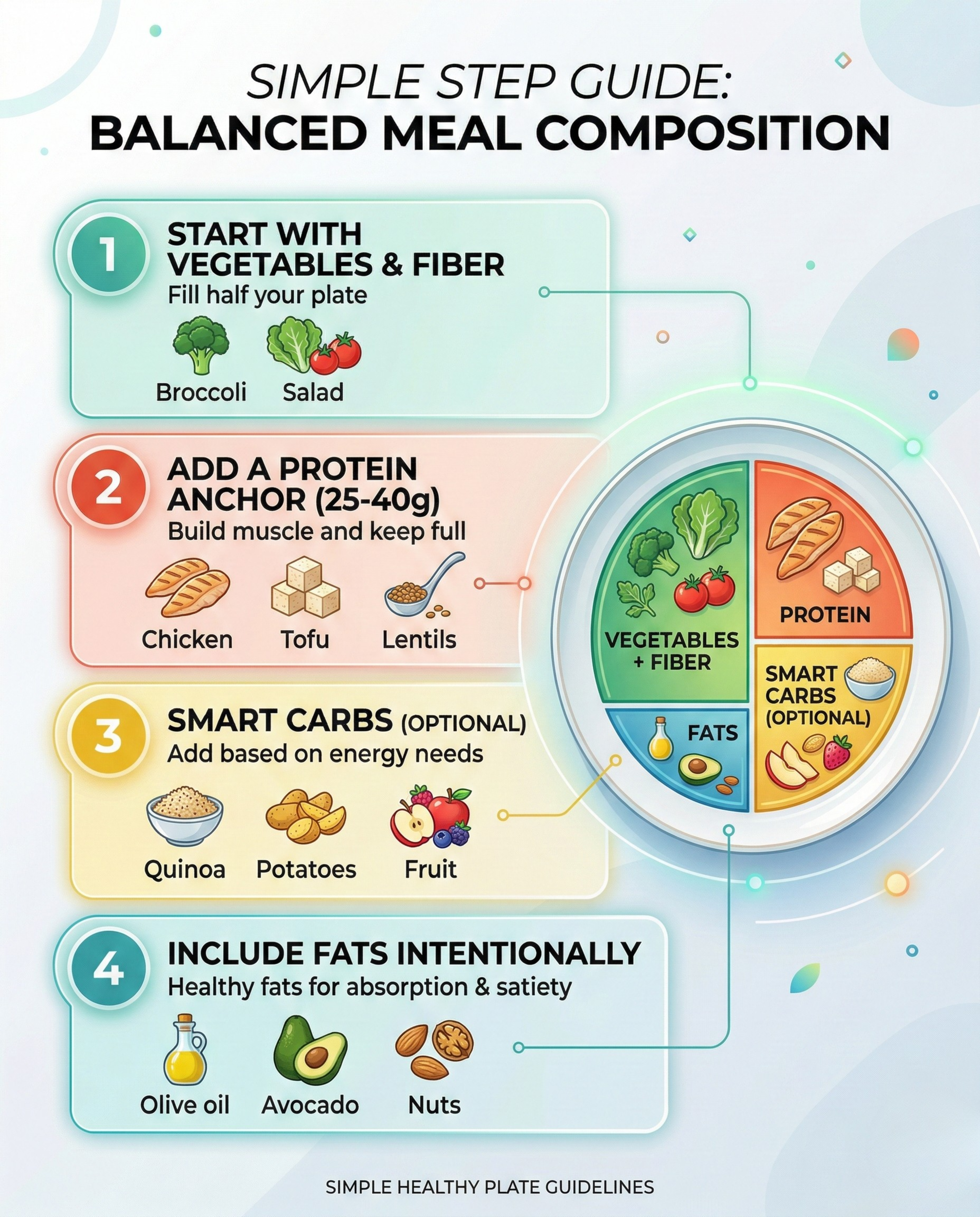 High-protein plate formula showing a protein anchor, vegetables for fiber, optional smart carbs, and healthy fats.