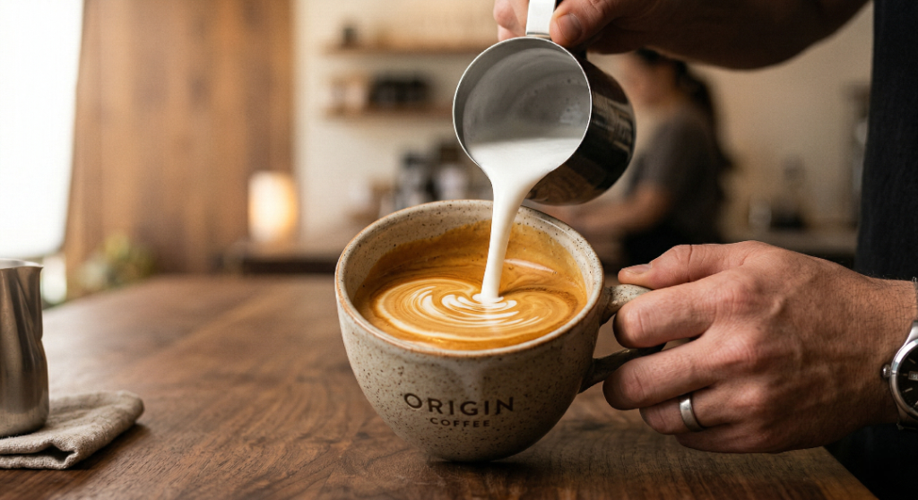 Close-up of velvety microfoam milk being poured into espresso to create a flat white. flat white vs latte vs cappuccino