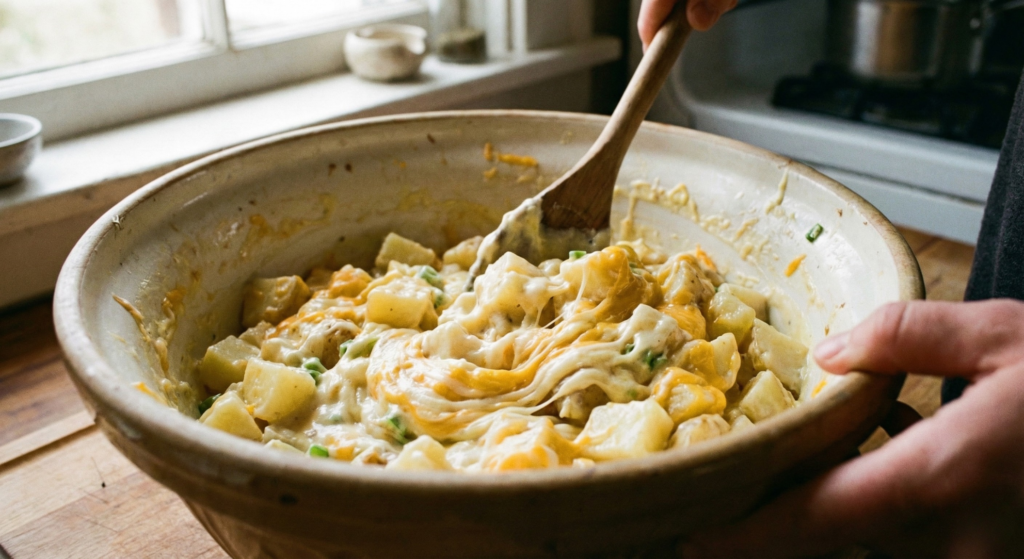 Mixing the creamy potato filling for funeral potatoes in a large bowl