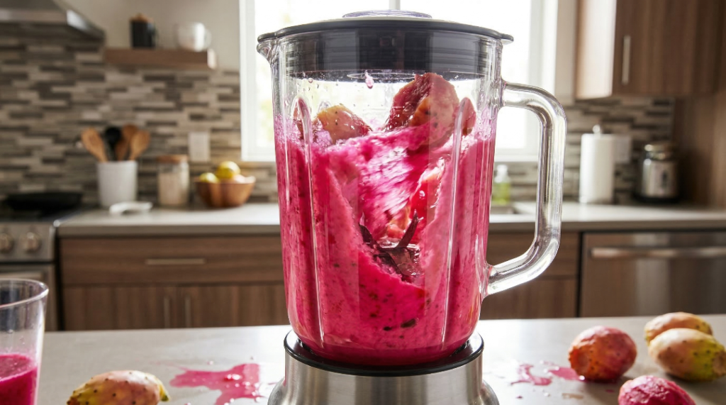 Peeled prickly pears being blended to make homemade lemonade syrup