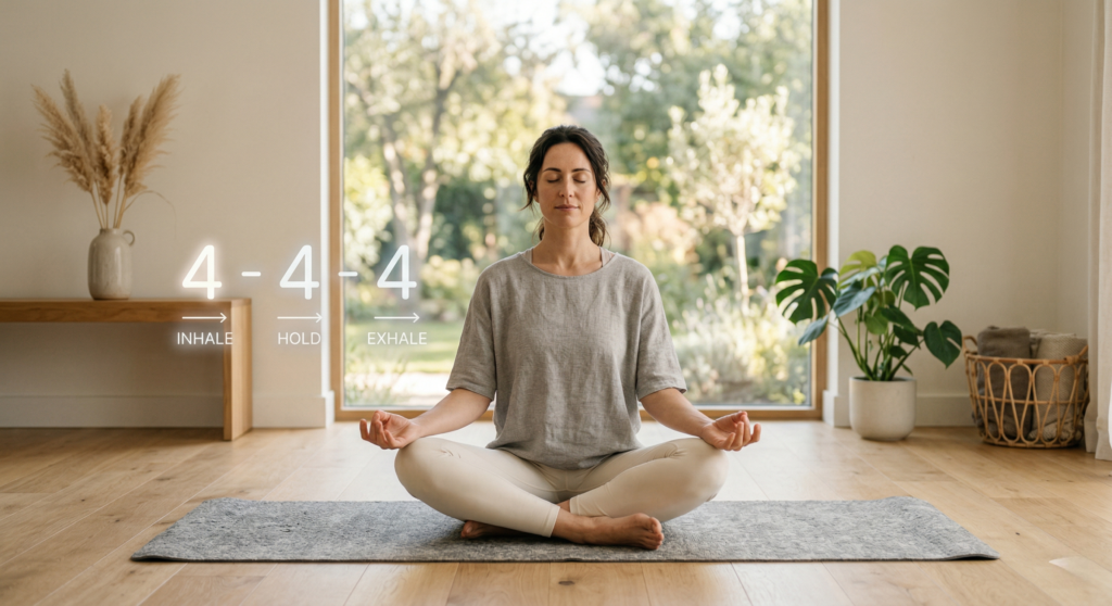 A person practicing deep breathing exercises for natural stress management.