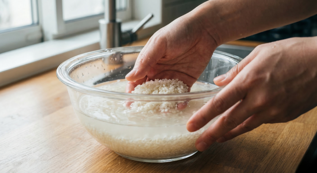 Japanese short-grain rice being rinsed in a bowl with cloudy water during sushi rice preparation