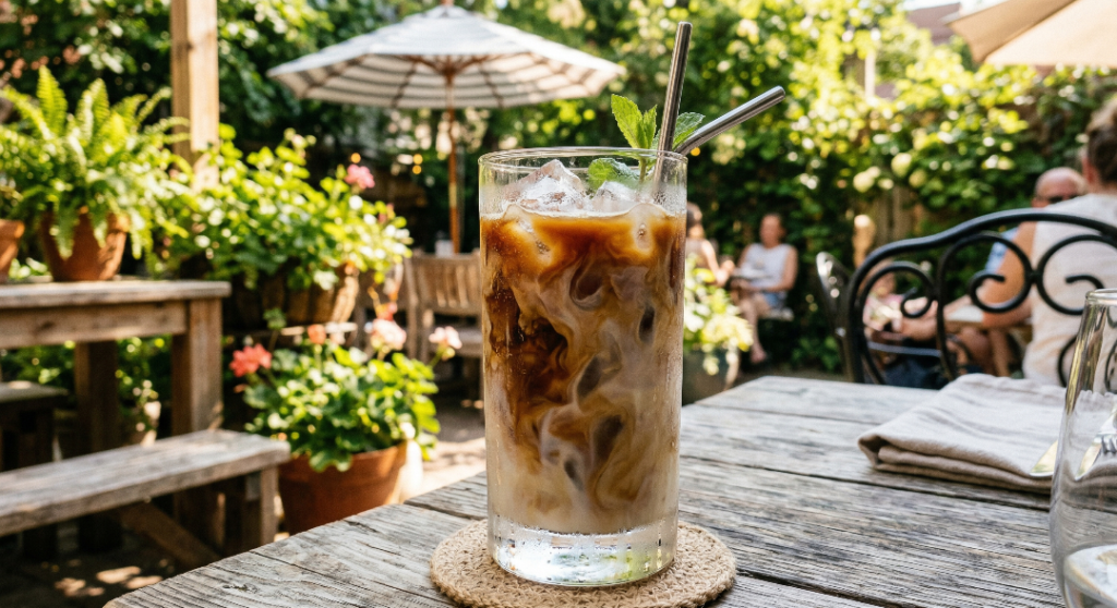 A refreshing iced flat white with dark espresso layers and cold creamy milk over ice.