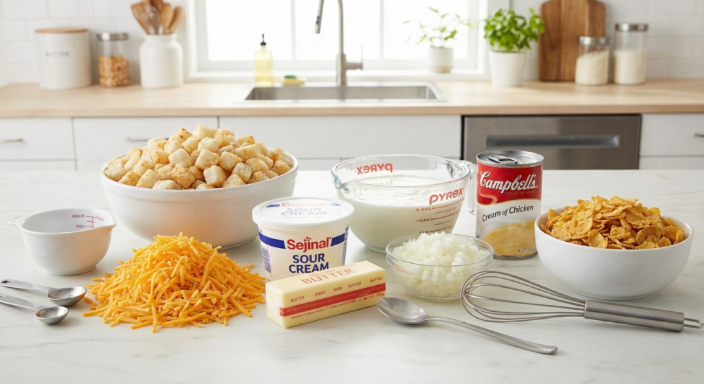 Ingredients for funeral potatoes including hash browns, cheddar cheese, sour cream, butter, and cornflakes