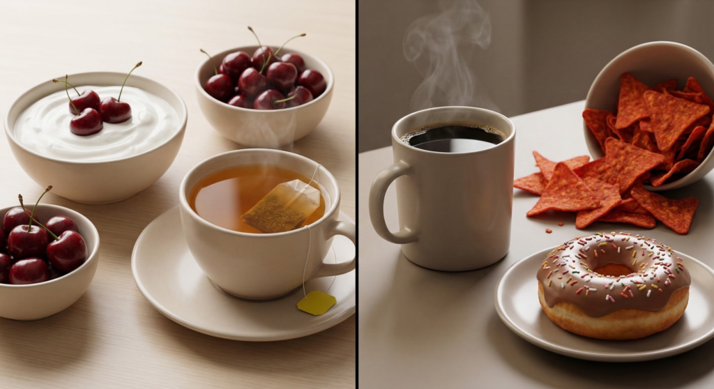 Healthy late-night snacks compared with caffeine, spicy chips, and sugary dessert to avoid before bed.