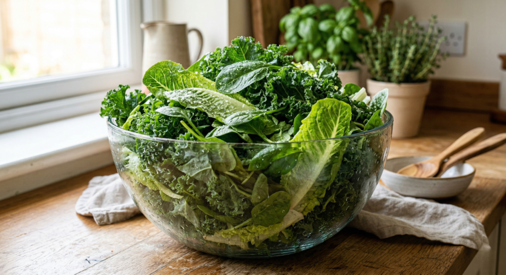A bowl of fresh kale and spinach, highlighting low-calorie vegetables that help with natural weight loss and satiety.