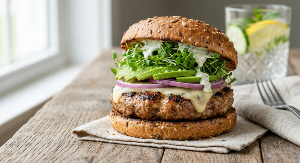 Healthy turkey burger with avocado and sprouts.