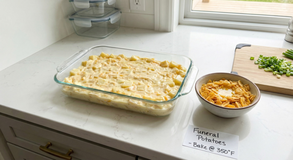 Funeral potatoes prepared in a casserole dish before baking for make-ahead meal prep