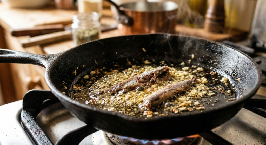 Anchovy fillets melting into hot olive oil and garlic in a frying pan.