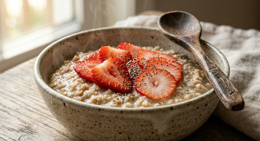 Steel-cut oatmeal topped with chia seeds and strawberries, a slow-digesting breakfast for sustainable weight loss.
